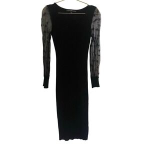 Almost Famous Black Ribbed Maxi Dress Sheer Star Mesh Sleeves V Neck Women's M